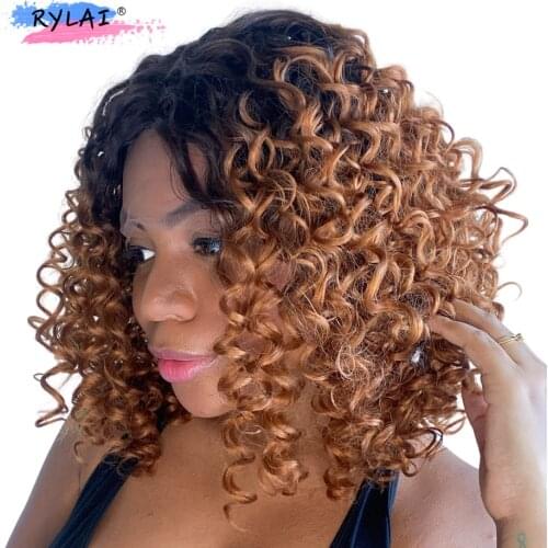 Natural Black Synthetic Lace Part Wig Afro Kinky Curly T Part Short Bob Hair Wigs for Women 14 Inch
