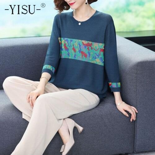 YISU Summer Woman clothing Loose Sweater O-Neck Middle sleeve Stitching Jumper Female Thin Casual Knitted Pullover