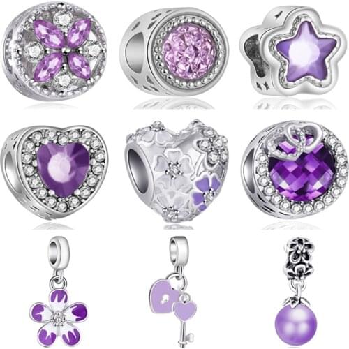 Purple Color Crystal Flowers Balloon Eggplant Hearts Simulated Pearl Charms Beads Fit Pandora Charms Bracelets for Women DIY