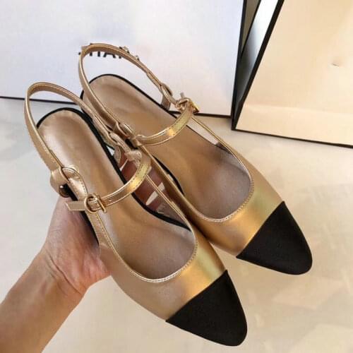 Black, Apricot, Champagne Color Matching Leather Stitching Womens Shoes Summer New Thick Heel Baotou Shallow Mouth Sandals Size
