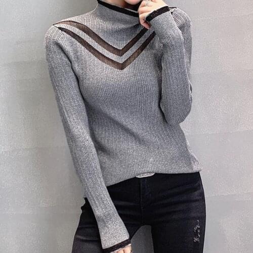 Sexy New Winter Hollow Out Net Yarn Splicing Knit Female Half Bright Silk Turtle Neck Top Render Unlined Upper Garment Sweater