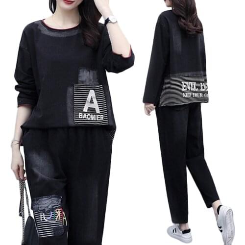 Extra Large Size Womens Suit Spring New Pullover Jacket Denim Nine-point Pants Two-piece Suits Fashion Loose Casual Sets 4XL