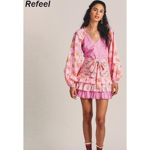 V-neck color matching floral print summer dress puff sleeve high waist sweet temperament short holiday mini dress