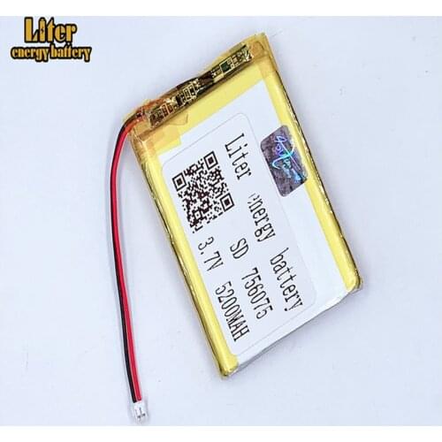 1.5MM 2pin connector 756075 5200mah 3.7V Rechargeable charging lithium polymer battery for e-books GPS PDA Car recorder