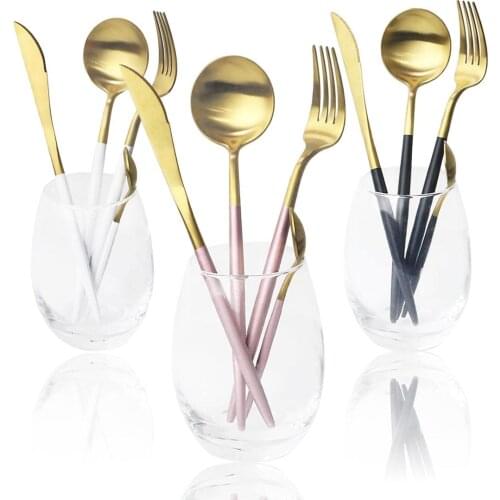 16/20Pcs Matte Dinnerware Set Luxury Pink Gold Cutlery Set Knife Fork Spoon Flatware Set Stainless Steel Tableware Set Kitchen