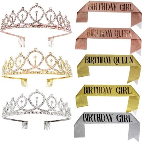 2pcs/set Birthday Girl Satin Sash Rose Gold Queen Crown Tiara For Women Girls 21st 30th 40th Birthday Party Decor Shoulder Strap