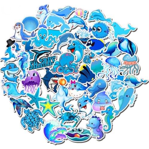 49Pcs Cartoon Sea Animal Sticker Blue Ocean Seticker For Laptop Moto Skateboard Luggage Guitar Furnitur Decal Toy Stickers