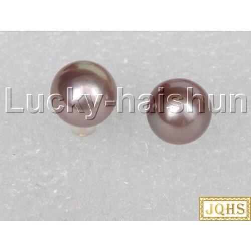 AAA natural 10mm round purple South Sea pearls beads Earrings 14KT gold post j12364