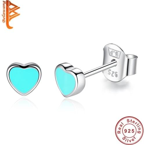 BELAWANG Vintage 925 Sterling Silver Blue Enamel Heart Shape Stud Earrings for Women Luxury Girl Jewelry Valentines Day Gift
