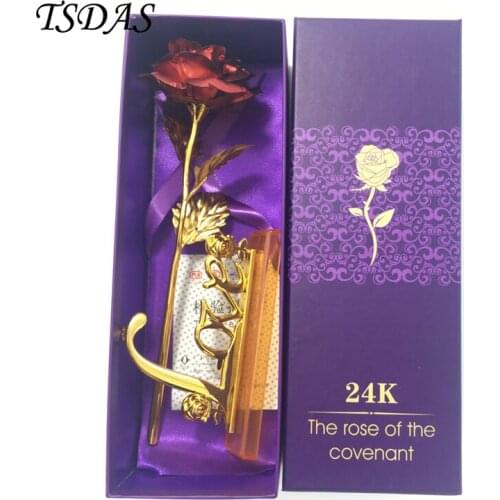 Free Shipping 24k Gold Plated Rose Home Desktop Decor Red Color Gold Artificial Flowers Come With Gift Box