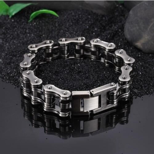 HaoYi 16mm Width Gun Color Punk Bicycle Chain Bracelet 316 Stainless Steel Bike Sports For Men