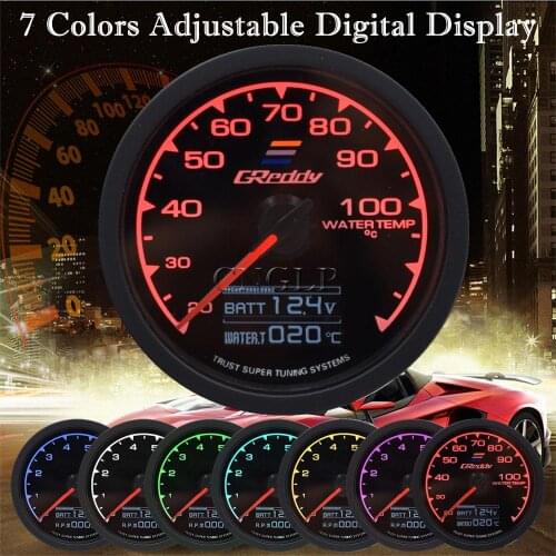 GReddi Gauge Water Temp 7 Light Colors LCD Display with Voltage Meter Racing Gauge 62mm 2.5 Inch with Sensor Car Accessiores