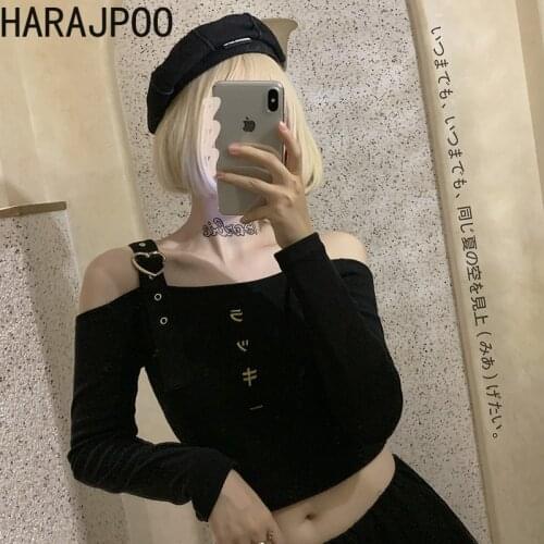 Harajpoo Women T Shirts Metal Love Harajuku Cute Punk Girl Golden Japanese Embroidery Y2k Strapless Long Sleeve Slim Tops Tide