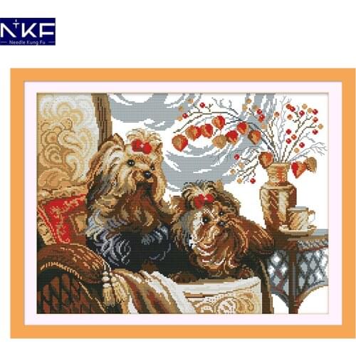 NKF Two Dogs Cross Stitch Pattern Handmade Craft Painting Needlework Embroidery Kit Cross Stitching Set for Home Decor