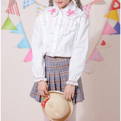 Autumn spring New Womens Blouse Long-sleeved White Cute Bow Lace Lolita Japanese Preppy girls' shirts Strawberry Embroidery