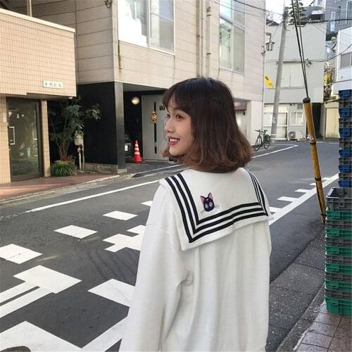 Cute Cat Embroidery Hoodie Girl Harajuku Funny Sailor Collar Tops Autumn Japan Kpop Women Casual High Street Special Sweatshirts