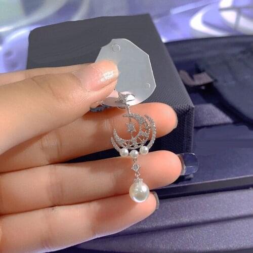 UMGODLY 1pc Silver Color White Pearl Earrings Paved Cubic Zirconia Moon Earring Women Jewelry September New Arrival