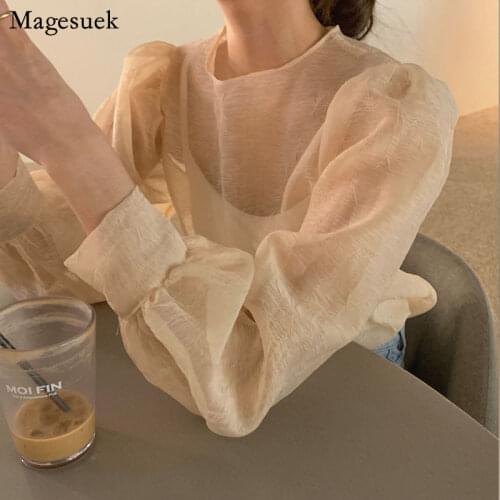 Spring Sexy Micro-Penetration Tops Long Sleeve Womens Shirt See Through Blouse Women Vintage Tops and Blouse Mesh Top 14339