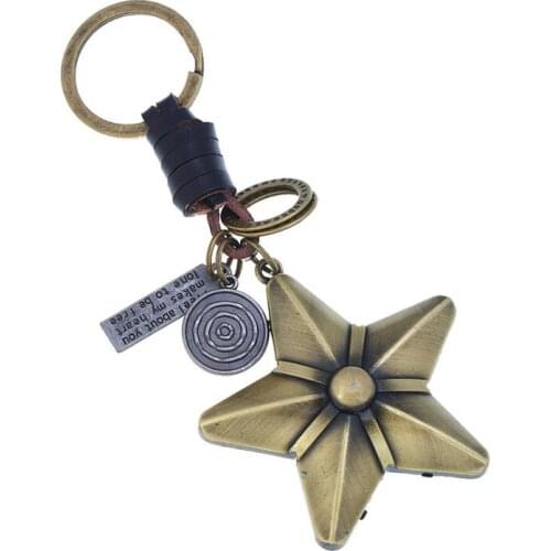 Vintage Alloy Keychain Fashion Bronze Star Leather Holder Key Chain for Car Bag Accessories Retro Christmas Gift Keyring Jewelry
