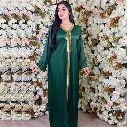 High Quality Satin Arabic Dresses for Women Fall Golden Ribbon Patchwork Long Sleeve Maxi Dress Muslim Turkish Clothing