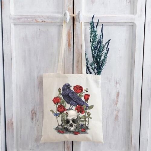 Rose Skull Graphic Tote Bag Horror Movie Reusable Bag Halloween Harajuku Canvas Bag Streetwear Women Shopping Bags Print