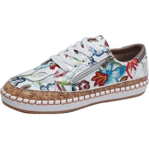 Women Casual Shoes Big size 43 Floral Printing Casual Sneaker Zipper Flat Shoes Breathable PU Summer Shoes for Women