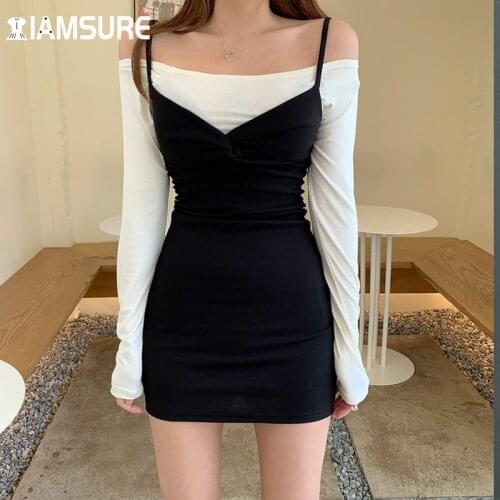 IAMSURE Sexy Slim Dress Set Women 2021 Autumn Solid Basic 2 Pieces Sets Slash Neck Long Sleeve Crop Top V-Neck Camis Mini Dress