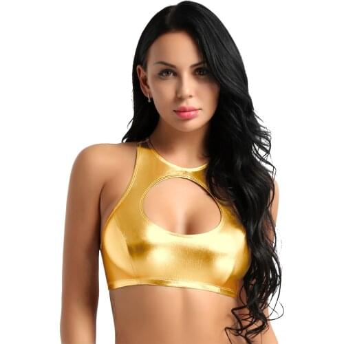 Women Summer Shiny Soft Faux Leather Sleeveless Leotard Lingerie Exotic Tanks Round Neck Cut Out Crop Tops Swim Top Dancewear