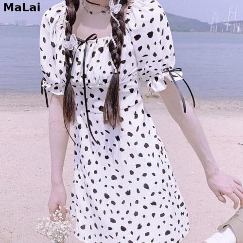 Korean Bow Bandage Design 2021 Summer Puff Sleeve Vintage Dot Dress Women Square Collar Elegant Mini Dress Beach One Piece Dress