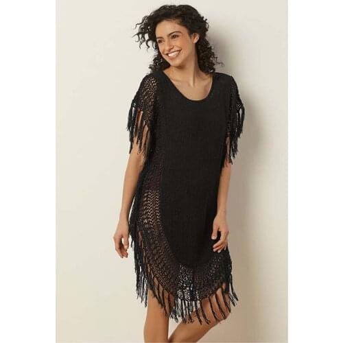 2021 Black Knitted Beach Cover up Crochet Top Pareo Dress Tunic for Beach Tassel Beachwear Kaftan Swimsuit Cover up Sarong