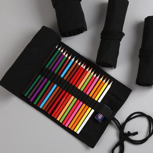 50pcs Black Color School Pencil Case Roll 24/36/48/72 Holes Pencilcase Canvas Large Pen Bag for Girls Boys Stationery Pouch