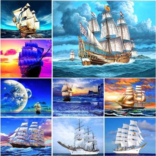 5D DIY Diamond Painting Ship Landscape Corss Stitch Kit Full Drill Square Embroidery Mosaic Art Picture of Rhinestones Decor