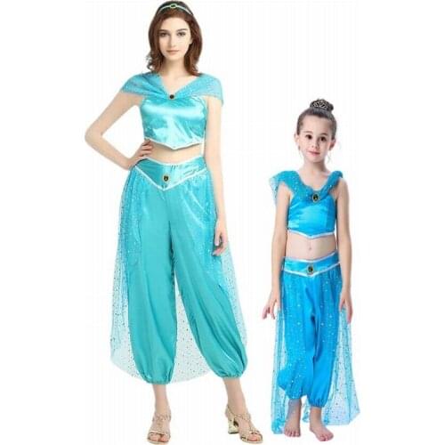 Anime cosplay princess jasmine sexy costume Aladdin Halloween children dress blue clothes for women