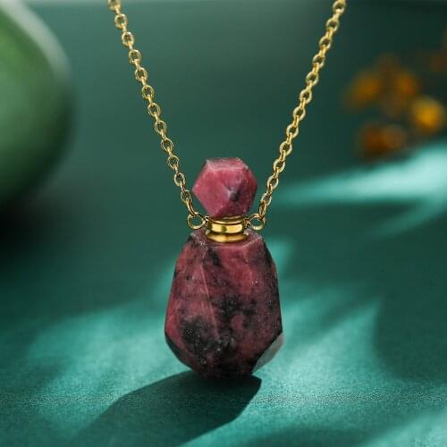 Boho Natural Rhodochrosite Stone Perfume Bottle Pendant Necklace Aromatherapy Essen ia Diffus er Necklace for Women Girl Gift