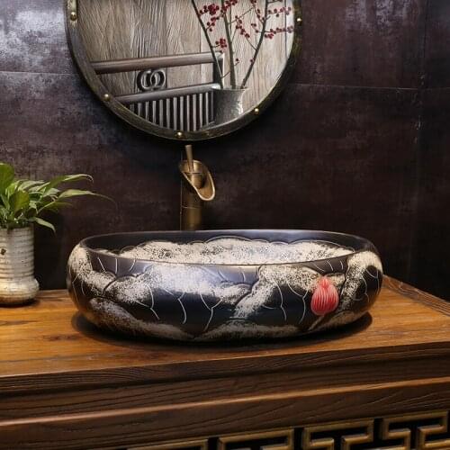Black Lotus Art Basin Chinese Restoration Ceramic Washbasin Household Antique oval ceramic Wash basin bathroom sink