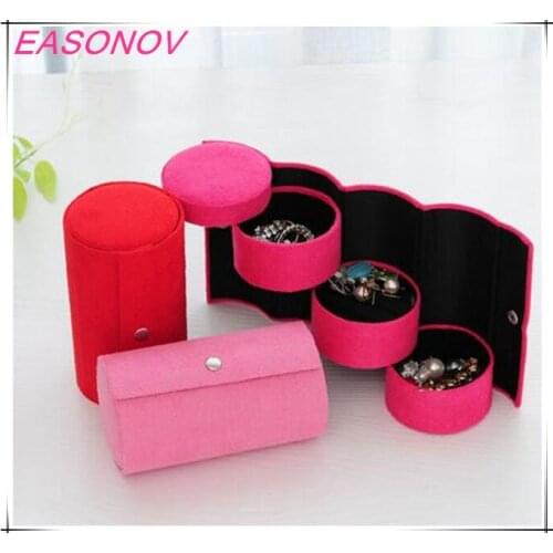 EASONOV Hot sale! New Flannel cylinder three-layer storage jewelry box retro jewelry box portable 360 Degree jewelry storage box