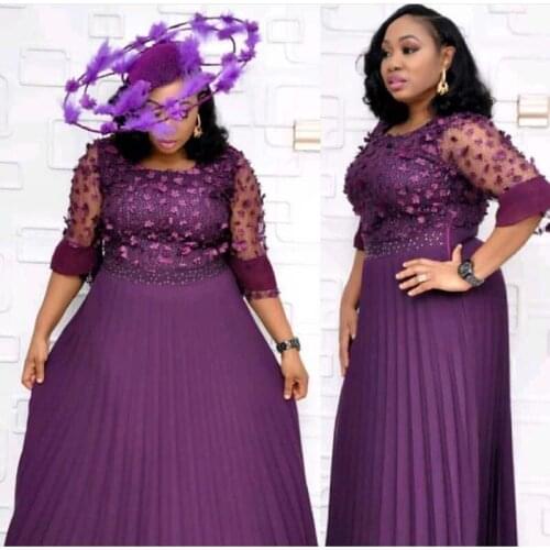 Elegant Flower Pleated Evening Dress Women Africa Clothing O-Neck Lace Sleeve Patchwork Flower Party Maxi Dress Robe Autumn