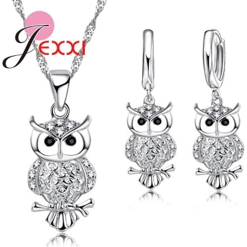 Lively Design Owl Pretty Shape 925 Sterling Silver Fashion Jewelry Set Cubic Zirconia Women Pendant Necklace Earrings