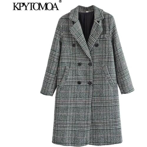 KPYTOMOA Women 2021 Fashion Double Breasted Green Check Woolen Coat Vintage Long Sleeve Pockets Female Outerwear Chic Overcoat