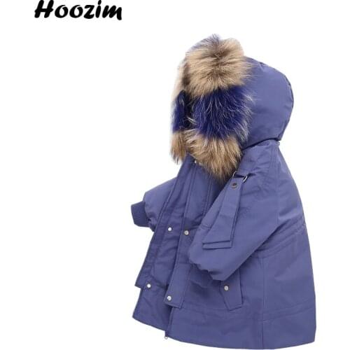 European Winter White Duck Down Jacket Girls 3-9 Year Black Detachable Real Fur Coat Boys Thick Warm Drawstring Long Jacket Kids