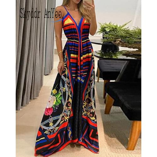 Summer Womens Dress 2021Robe Femme Vintage Printed Sleeveless Backless Maxi Long Dresses V-Neck Bandage Sexy Ladies Dress