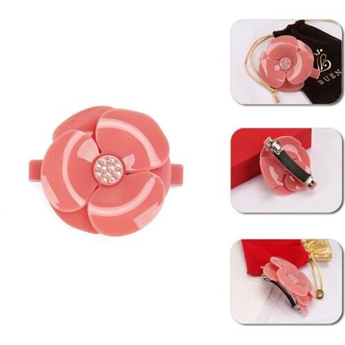 Hot Sale Camellia Hair Barrettes Acrylic Big Size Flower Hair Clip Clear Rhinestone Hair Accessory for Women
