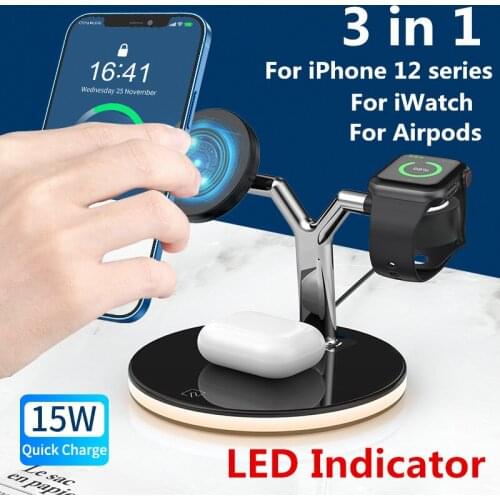3 in 1 Magnetic Wireless Charger Stand For Magsafe iPhone 12 Mini Pro Max/Apple Watch Fast Charging Dock Station For Airpods Pro