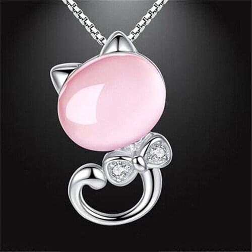 Cute Rose Gold Crystal Pink Cat Necklace For Girls Birthday Present Trendy 925 Sterling Silver Women Choker Necklaces Lady Bijou