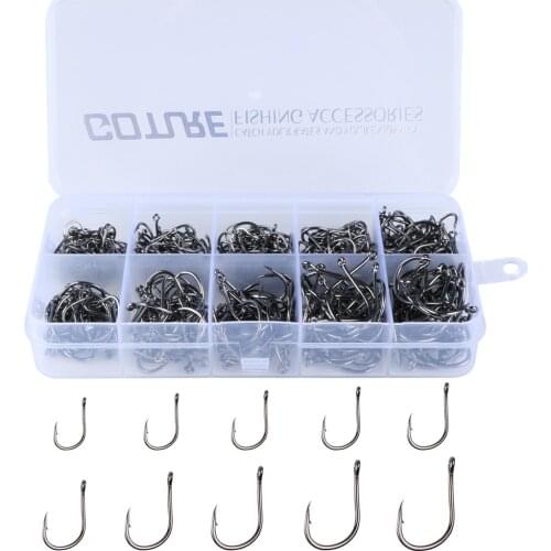 Goture 500pcs Carbon Steel Fishing Hook Set Fishhook with Hole Fishing Tackle Box 3# -12# 10 Sizes Fish Hooks
