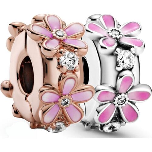 Real Rose Pink Daisy Flower Spacer With Crystal Clip Stopper Beads 925 Sterling Silver Charm Fit Pandora Bracelet Diy Jewelry