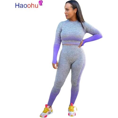 Neon Gradient Color Fitness Tracksuit Womens Sport Suit Long Sleeve Slim Crop Top High Waist Skinny Legging Active Wear Outfits