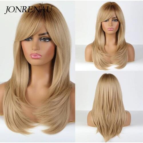 JONRENAU Synthetic Women Ombre Blonde Brown Long Natural Wave Wig with Side Bangs Cosplay Party Wig for White/Black Women