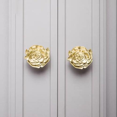 Rose Shape Knob Brass Gold Door Handles Retro Furniture Cabinet Knobs Vintage Cupboard Pulls For Drawer DIY Home Decor Fixture