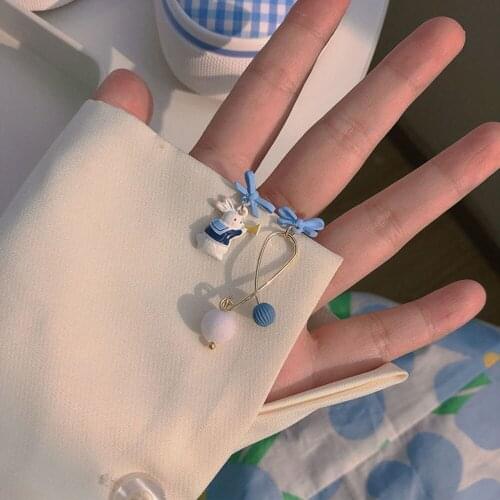 Simple Cute Blue Rabbit Bow Drop Earrings For Women Asymmetry Ear Jewelry Accessories Girl Gift Japan Fashion